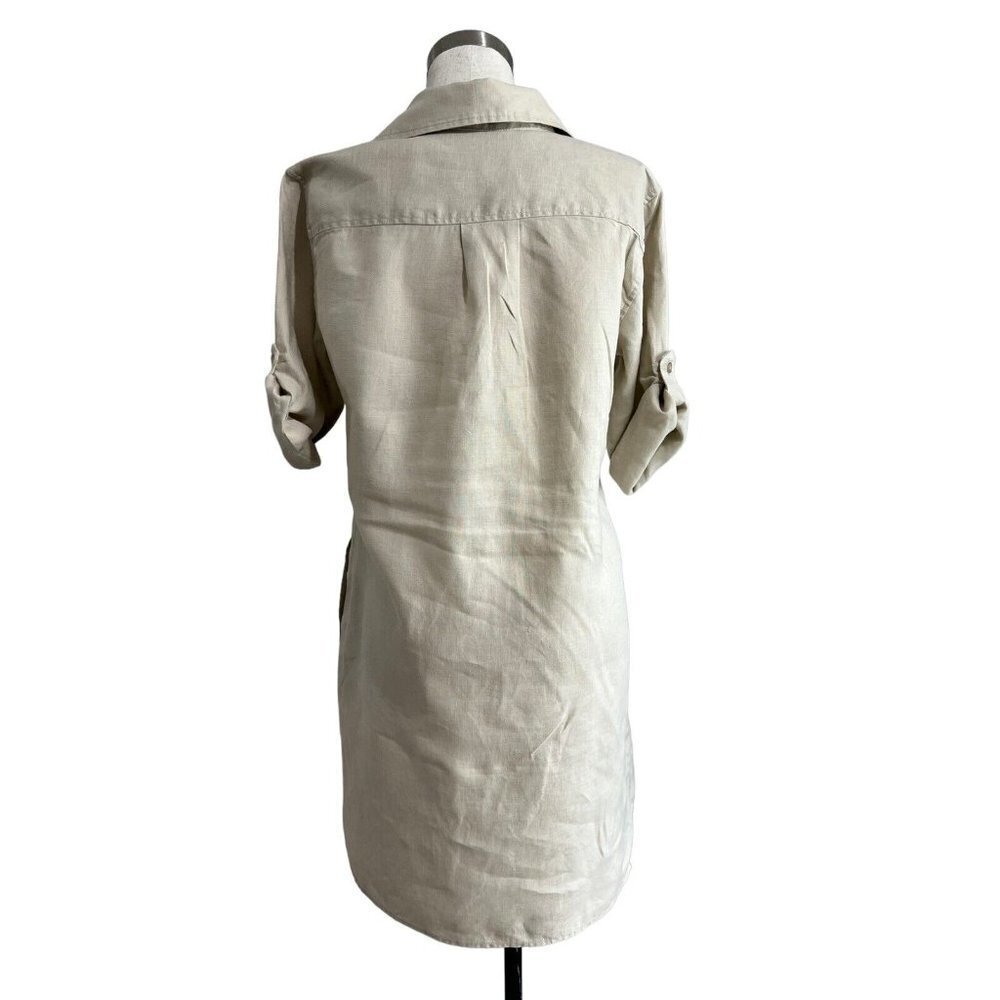Pure Amici Linen Roll Tab Sleeve Tan Khaki Shirt Dress Small - Picture 7 of 12